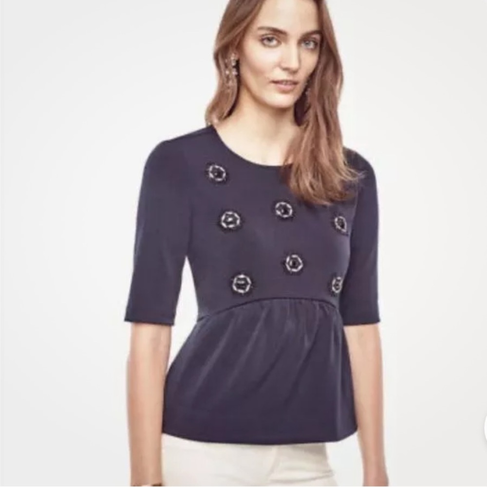 Ann Taylor Navy Bead Embellished Short Sleeve Peplum Hem Blouse Medium